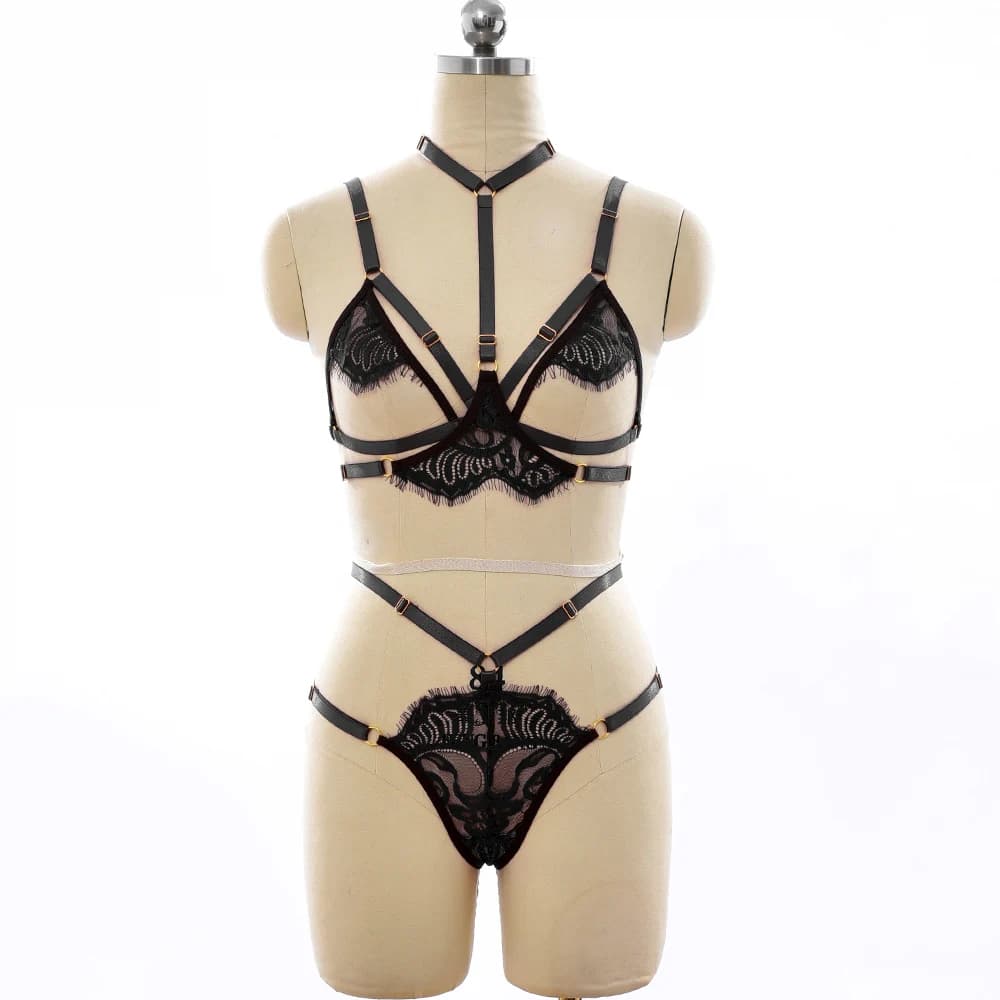Women Harness Sexy Lingerie Set Lace G-string Bondage Body Cage Bra Elastic Crop Top Suspenders Belt Body Harness Two Piece Set