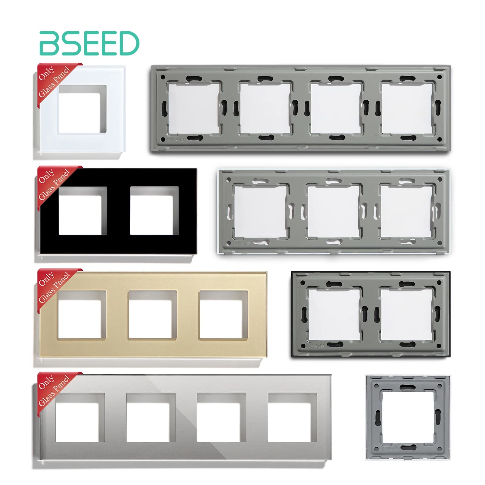 BSEED Only Glass Frame Panel Single Double Frames Wall Socket Triple Four Frames DIY Part with Metal Frames White Black Golden