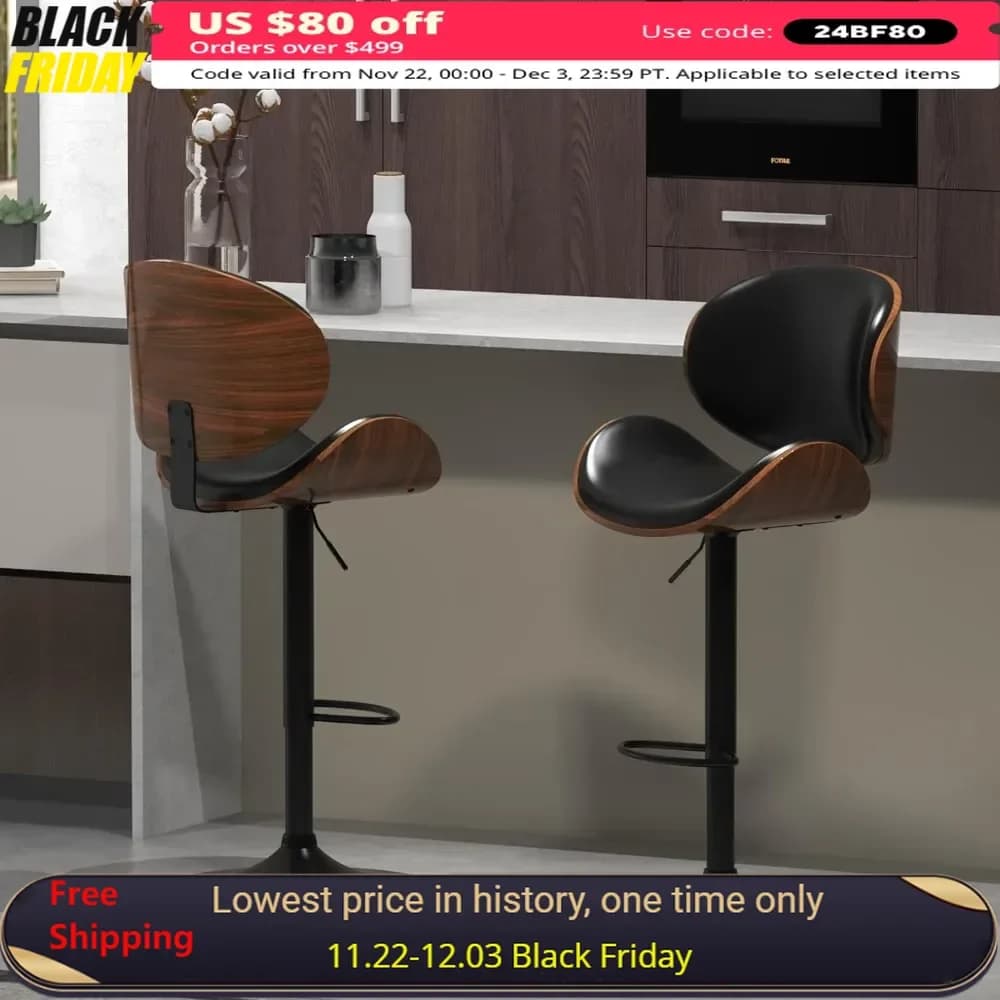Bar Stool Set of 2, Adjustable Height Chairs, Swivel Barstools with Bentwood Seat and Back with Footrest, Bar Stool