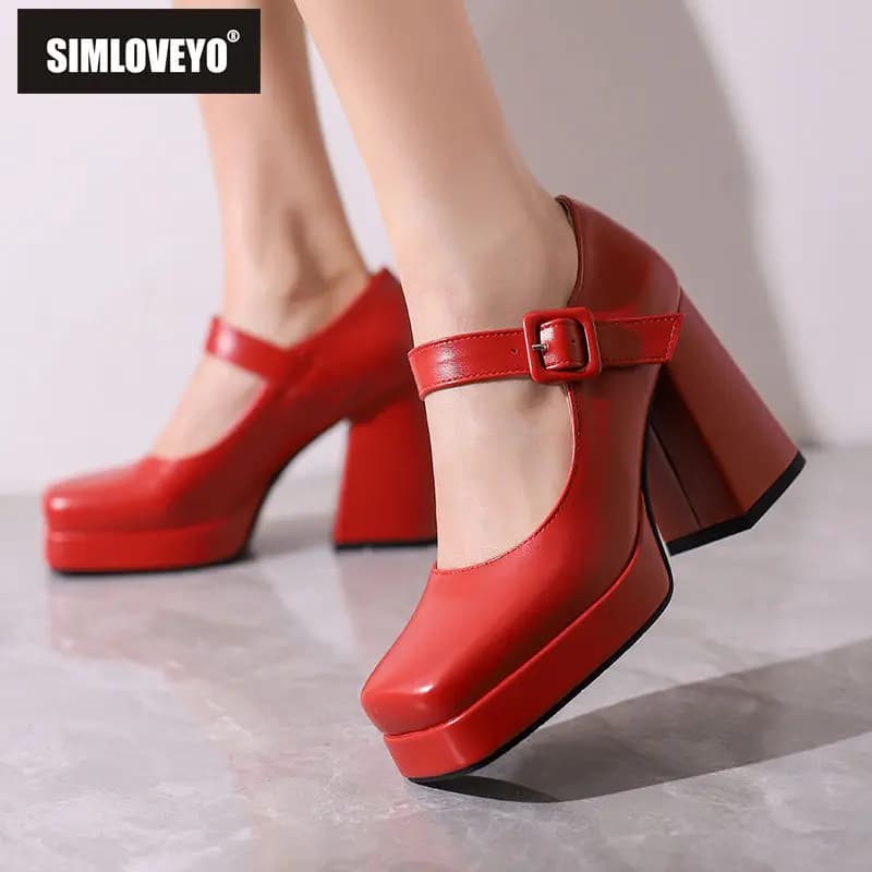 SIMLOVEYO Brand Ladies Pumps Toe Block Heels 10cm Platform 2cm Buckle Strap Female Shoes Sexy 46 47 48