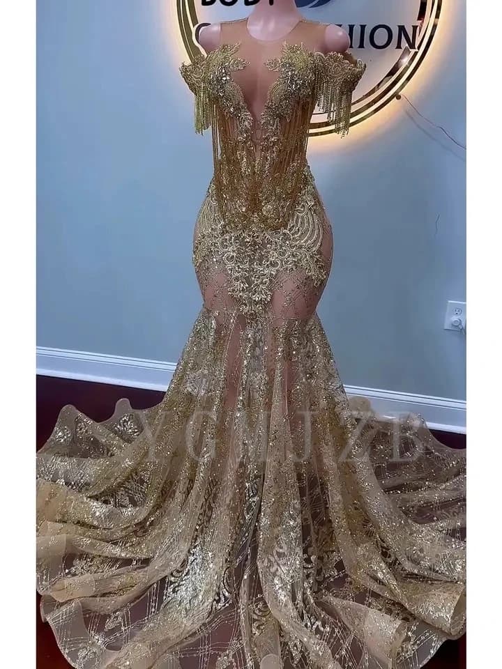 Glittle Gold Long Prom Dresses 2025 Luxury Off Shoulder Bead Rhinestones Tassels Formal Party Gala Graduation Gowns Customized