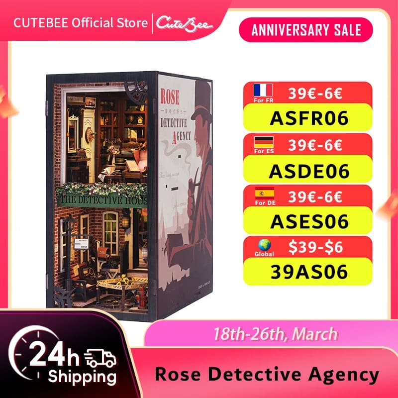 CUTEBEE Book Nook 3D Puzzle Miniature Doll House Kit With Touch Light Dust Cover DIY Booknook Toy Gifts Rose Detective Agency