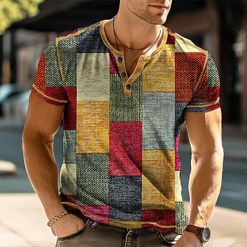 Patchwork Color Block 3D Print Vintage Henley Shirts Men's Fashion Oversized Button-Down Short Sleeve T Shirt Tees Tops Clothing