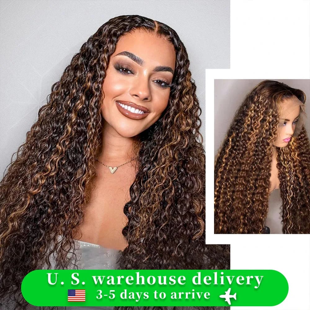 Highlight Ombre Colored Curly HD Transparent 13X4 Human Hair Brown Lace Front Human Hair Deep Wave Lace Frontal Wig 250 Density