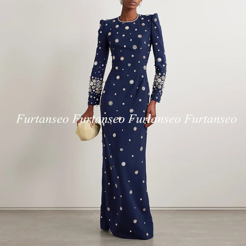 Navy Prom Dress Customized Crystal Pearls Straight Evening Dresses Saudi Arabian Round Neck Long Sleeves Arab Dubai Party Gown