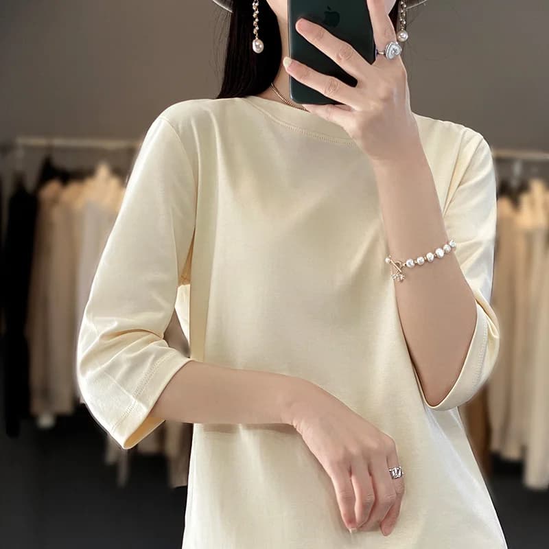 Mercerized Cotton Cropped Sleeve Female Spring And Summer 2023 New Round Neck Loose 100% Cotton Short Sleeve Bottoming T-Shirt