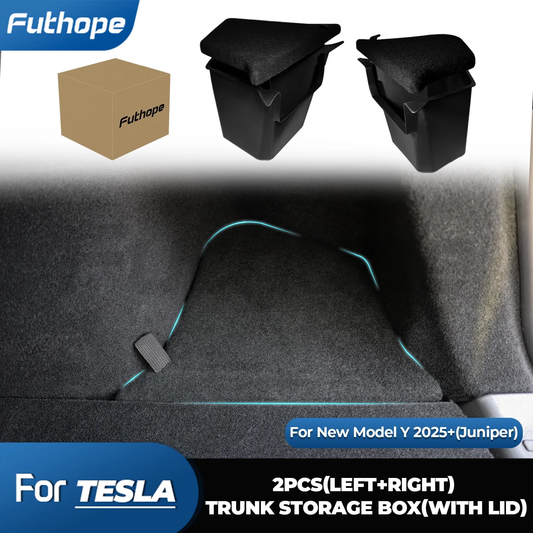 Futhope Car Trunk Side Storage Box For Tesla Model Y New juniper Flocking Cover Mat Partition Board Stowing Space Decoration