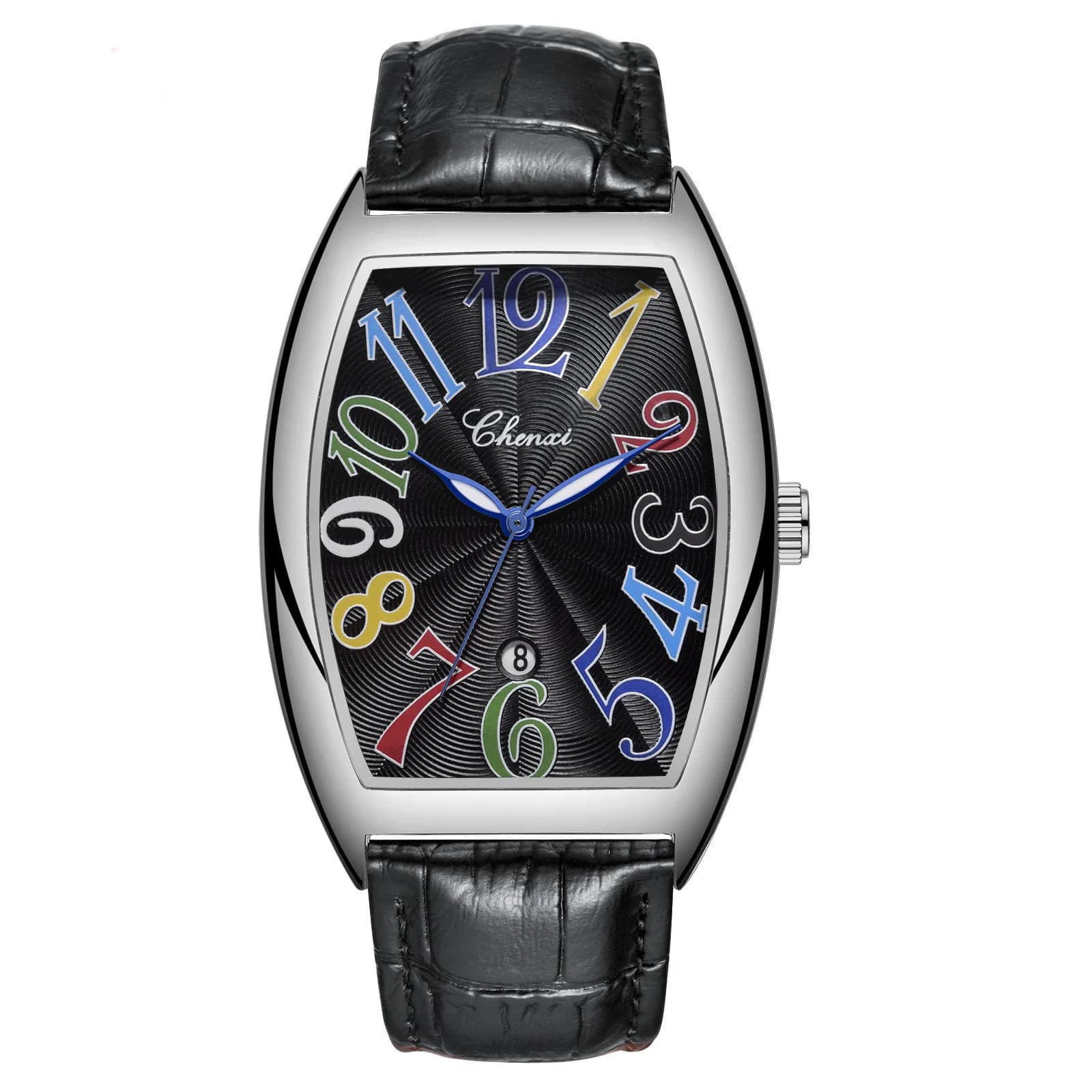 Stylish Men Watches Unique Design Tonneau Dial Colorful Number Genuine Leather Strap Quartz Wristwatch for Men Gift for Men