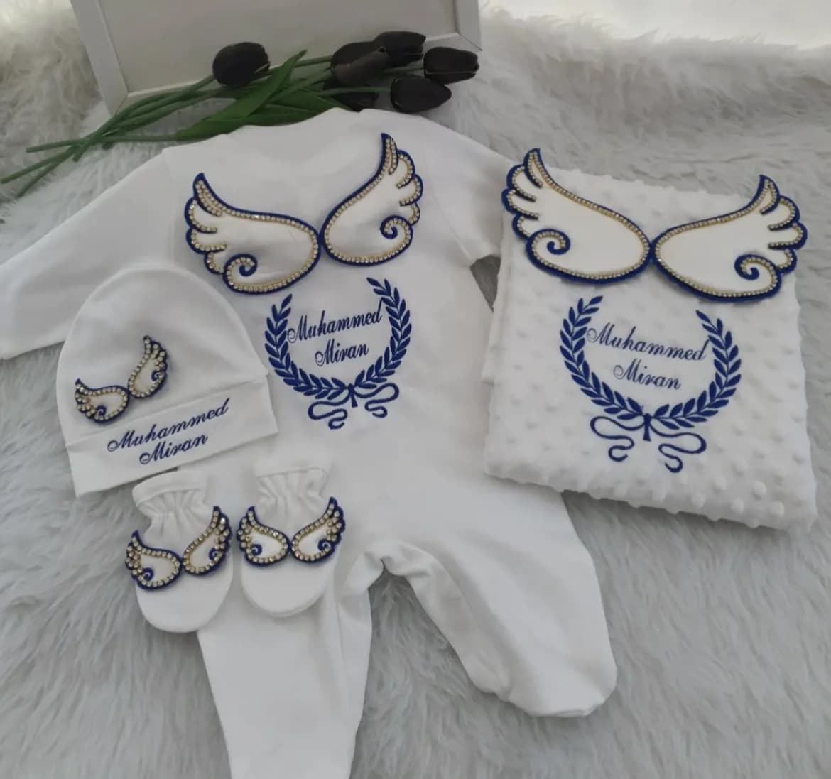 Dollbling Hospital Exit 5pcs Embroidery Name Newborn Angle Wings Romper Blanket  Nursery Bedding Swaddle Handmade Infant Outfit