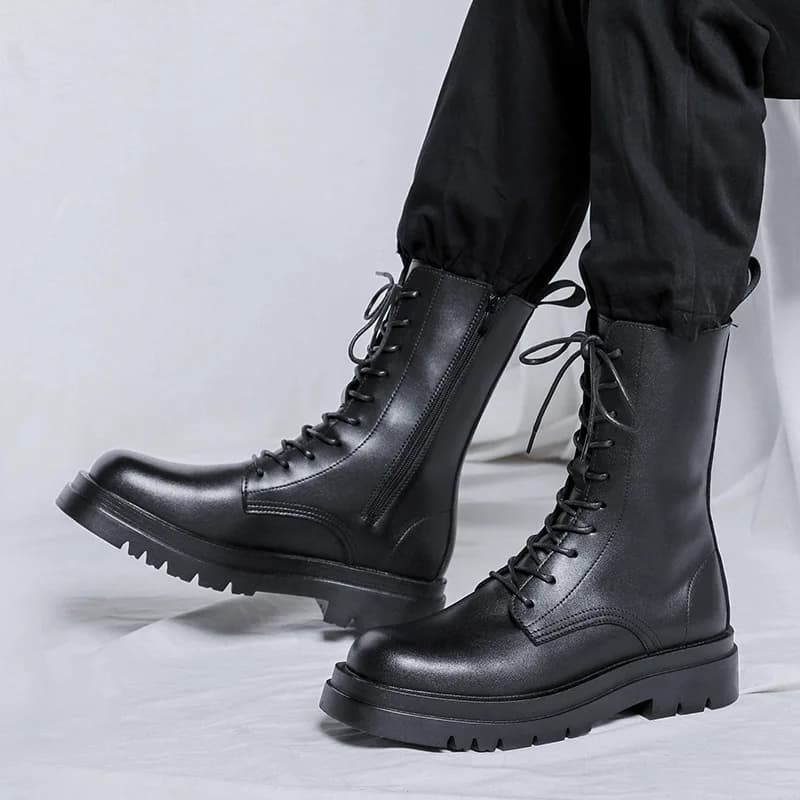 Men's Boots Mid Calf Basic 2022 Autumn New Youth Round Head High Top High Barrel Thick Bottom Fashion Men's Shoes Black