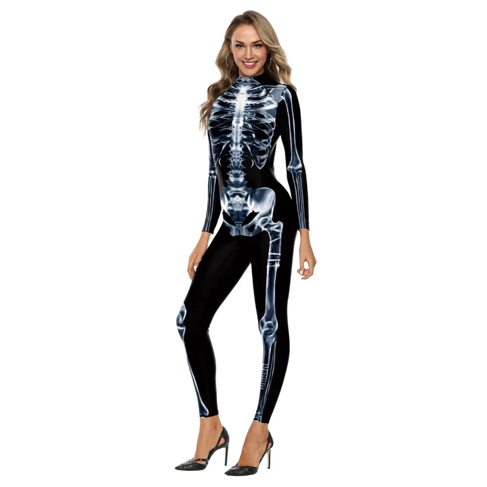 3D Skull Skeleton Printed Casual Skinny Jumpsuit Halloween Carnival Party Coverall Role Play Costume Long Sleeve Stage Slim Suit