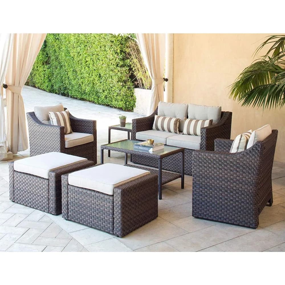 Outdoor Patio Furniture Set 7-Piece Wicker Conversation  Lounge Chairs with Ottoman & Loveseat with Glass Coffee Table Pillow