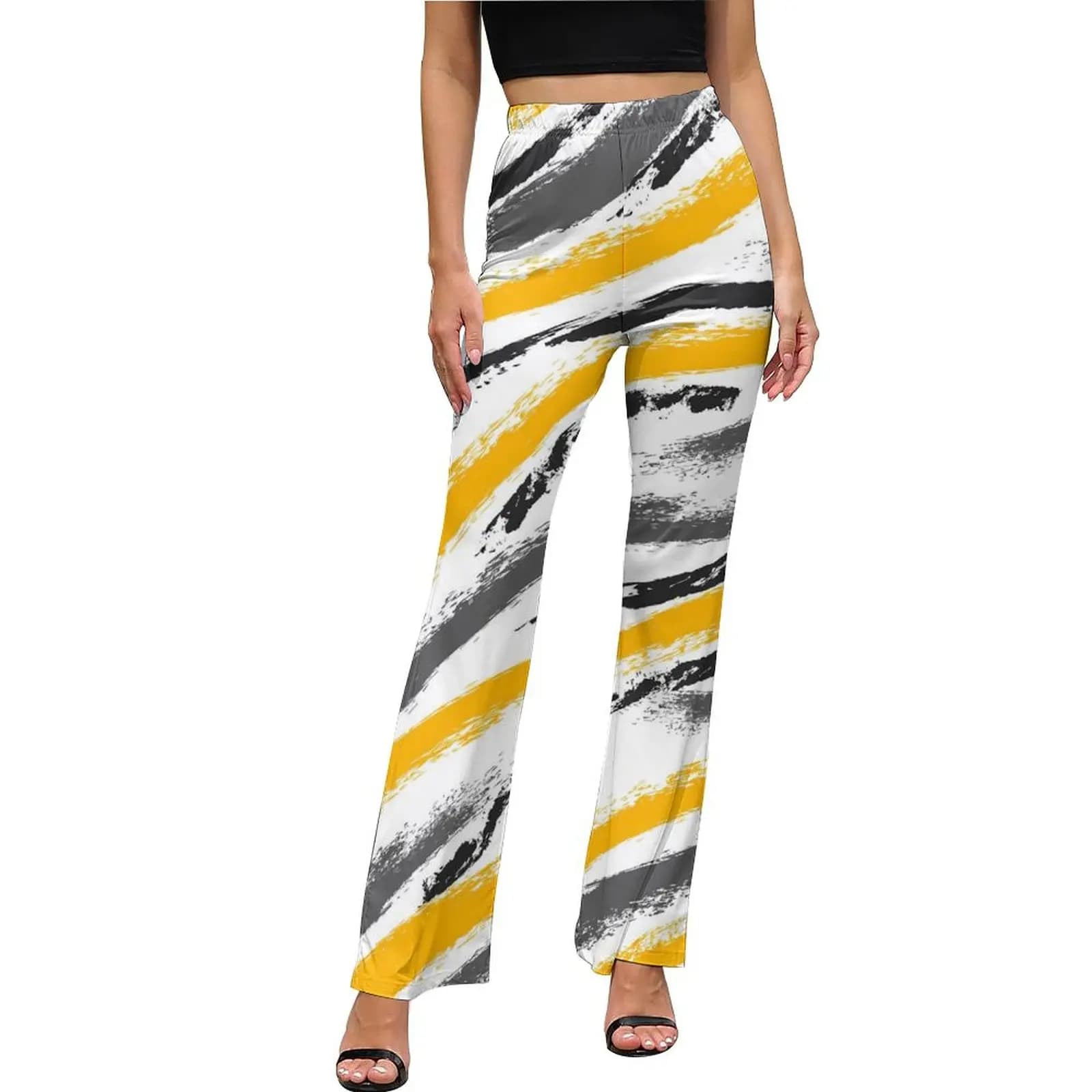 Brush Textured Casual Pants Autumn Yellow And Black Trendy Design Flare Trousers Elastic Waist Slim Stretch Aesthetic Pants