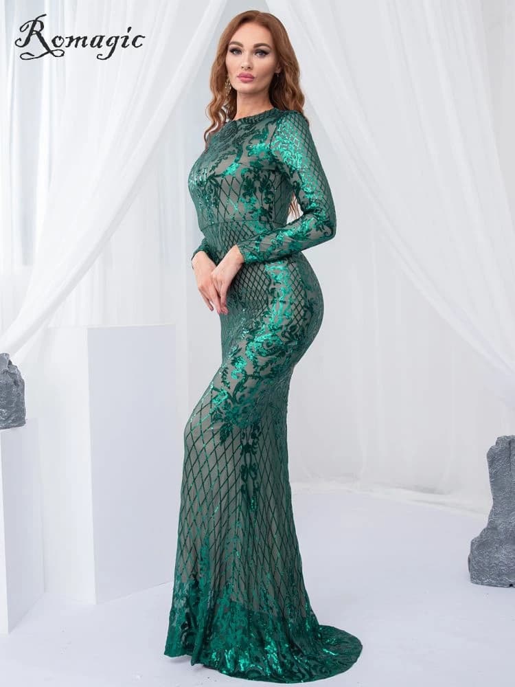 Romagic Modest Green Full Sleeve O Neck Evening Dress Women Luxury Geometry Sequin Stretch Mermaid Formal Party Gown With Lining
