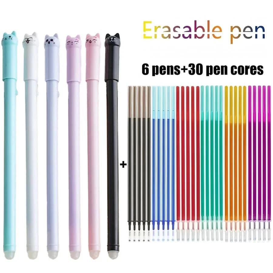 36-Pack Cat-Themed Erasable Gel Pens 6 Colors Refill Set, 0.5mm Fine Point, Heat Sensitive with Rubber Grip, Assorted Styles