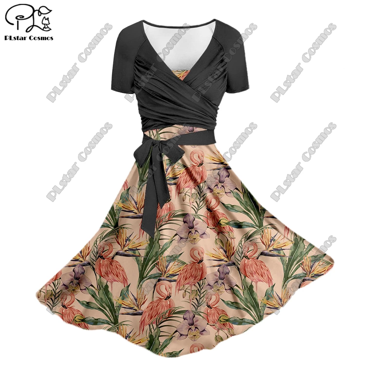 3D printing flower color gradient flamingo summer A-line suspender skirt bowknot twill top ladies two-piece set series 2