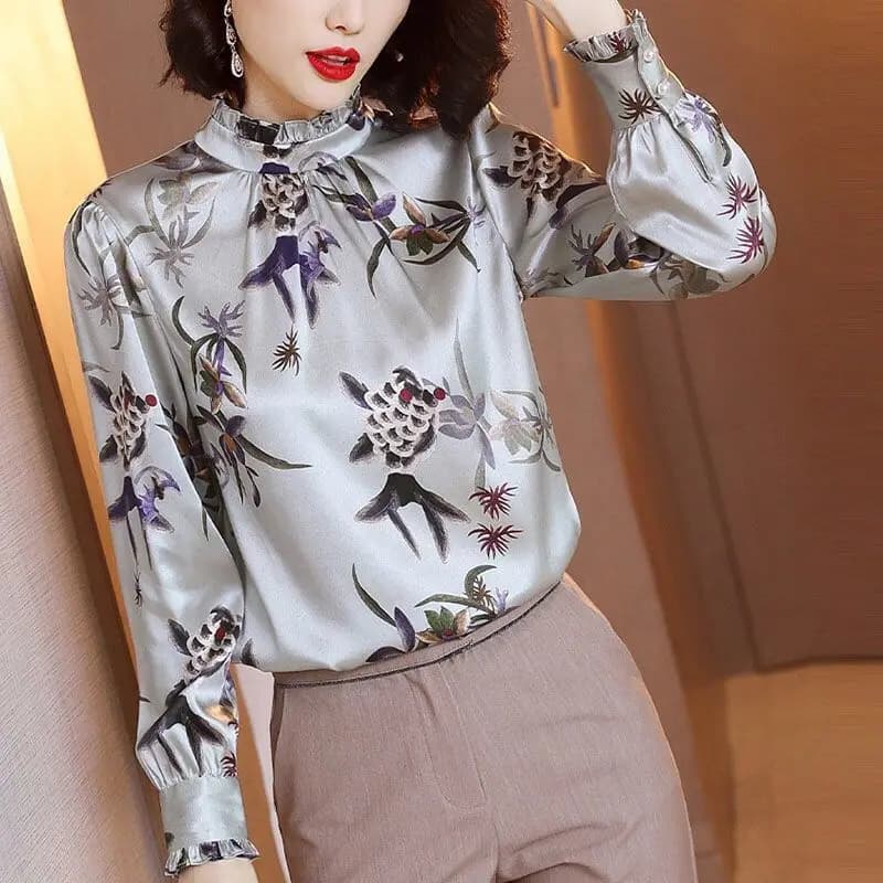 Elegant Stand Collar Printed Ruffles Satin Blouse Women's Clothing 2023 Autumn Winter New Oversized Casual Tops Commuter Shirt