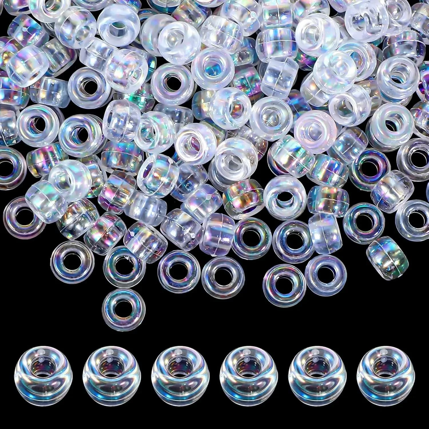 100Pieces 6*9mm AB Colors Acrylic Pony Beads Glitter Hair Ring for Earring Bracelet Necklace Key Chains Jewelry DIY Craft Making