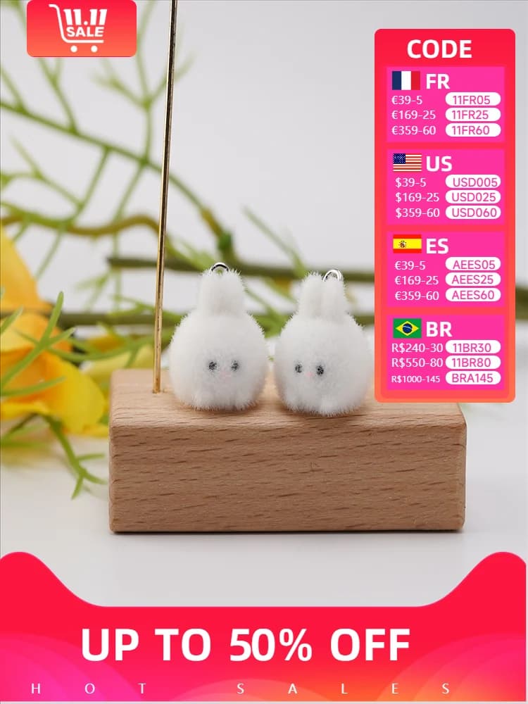 30PCS 3D cartoon Fluffy Flocking resin Charms cute Animal mini Doll Rabbit Pendant Charms for DIY Jewelry Keychain Earring Make
