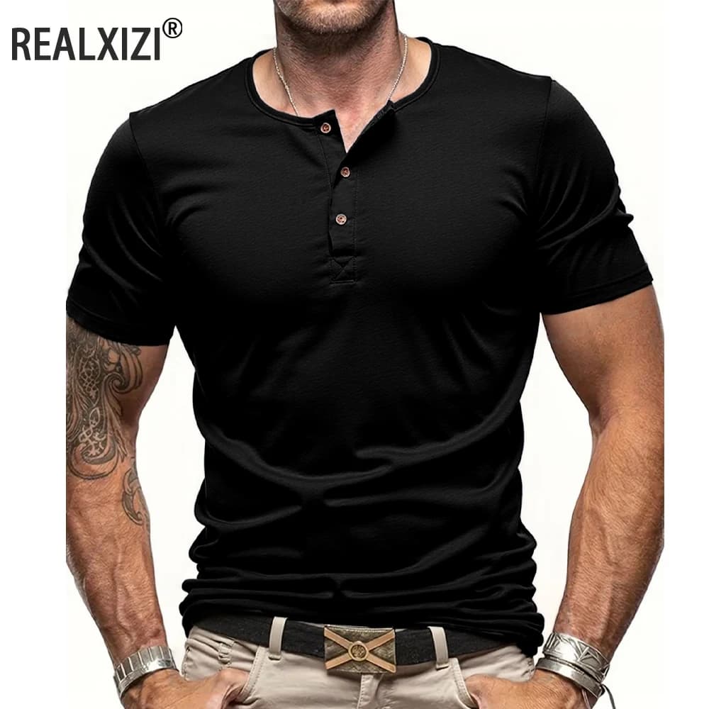 Men's Short Sleeve Henley Neck T-shirt Solid Color Male Tops Slim Fit Button Neck Casual Cozy Tshirt  Streetwear