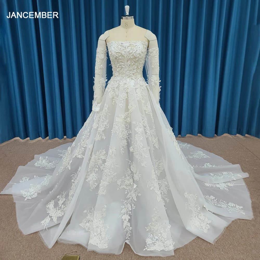 Novelty Superfine Women's Long Dress For Wedding Full Sleeves Boat Neck Wedding Dress Embroidery vestito da sposa LSSM007