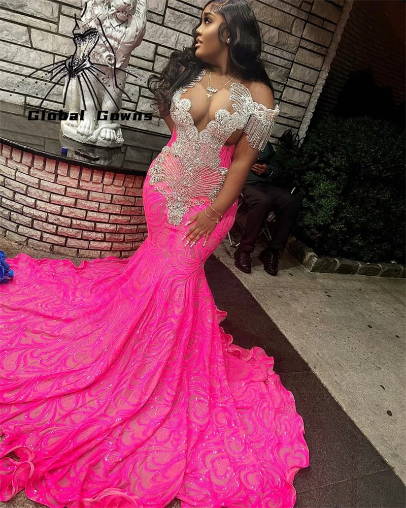 Pink Off Shoulder Long Prom Dress For Black Girls 2024 Beaded Crystal Tassel Birthday Party Dresses Evening Gowns Customized