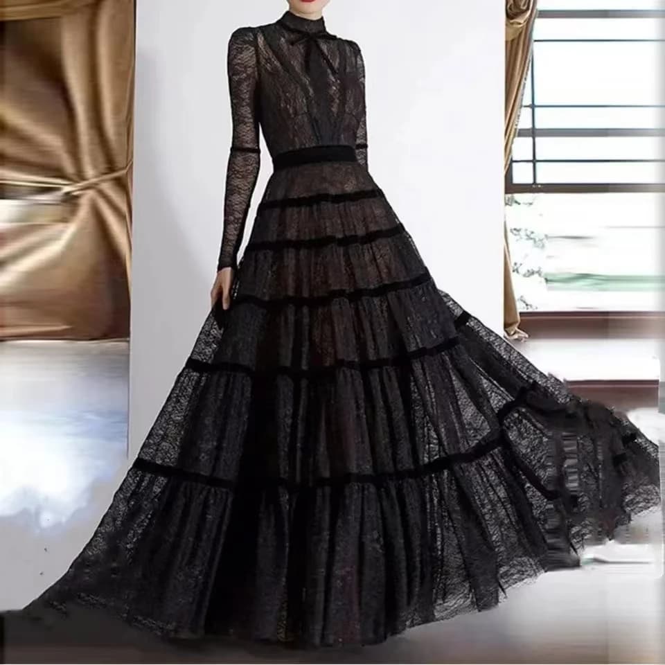 Elegant Black A-line Evening Dress 2024 Dubai Lace Tiered Women Wedding Dresses 2024 Formal Party Gowns Customized