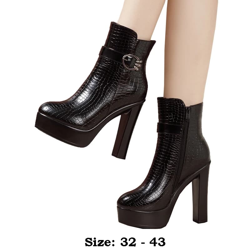 High quality mid calf leather cowhide  boots for women 12cm high heel platform 2025 autumn winter 32 33 43 elegant shoe - black