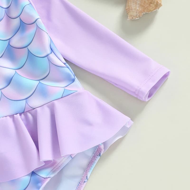 Girls Mermaid Scale Print  Swimsuit with Long Sleeves Round Neck Half Zipper and Ruffle Detail