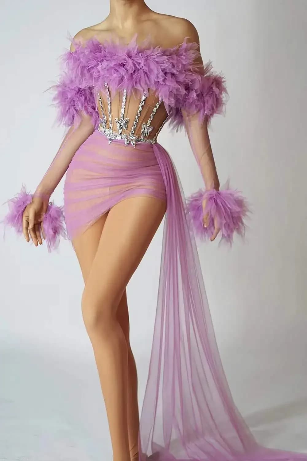 See Through Mesh Sequin Stunning 2 Pcs Set Outfit For Women Dance Singer Costume Sexy Drag Queen Purple Sleeveless Stage Wear