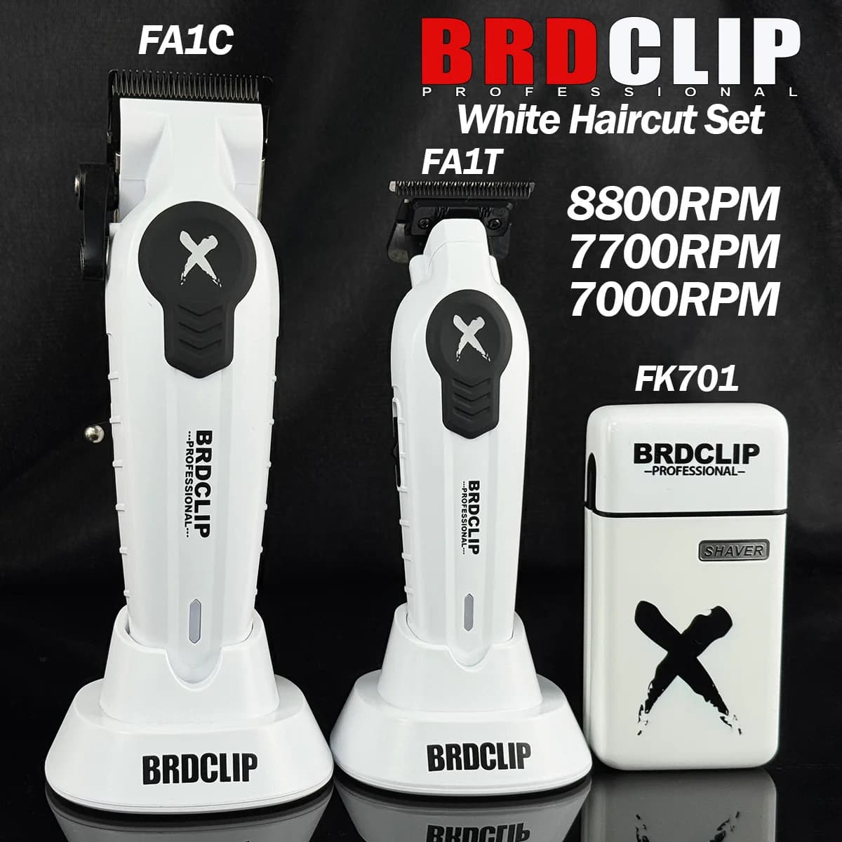 Professional BRDCLIP FA1C FA1T FK701 White SET 8800/7700/7000RPM DLC FADE Blade Barber Clipper Shaver Electric Trimmer With Base