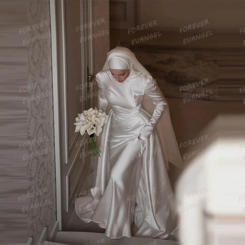 Luxury Muslim Wedding Dresses Mermaid Woman's Long Sleeve High Neck Satin Formal Bride Gowns Elegant Vestido De Novia Customized