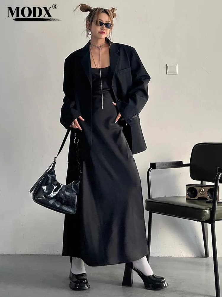 [MODX]  Two Pieces Suit Dress New Slash Neck Sleeveless Black Buckle Casual Blazer Loose Women Fashion Spring Autumn 2024