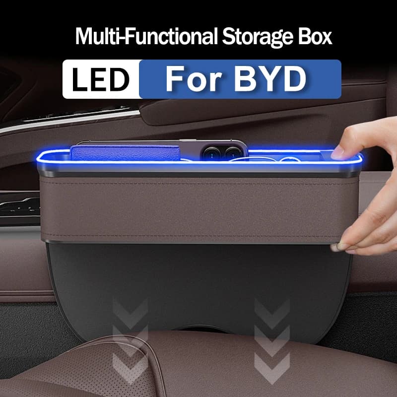 For BYD Atto 3 Han EV Dolphin Car Crevice Storage Box With 2 USB Charger Colorful LED Seat Organizer