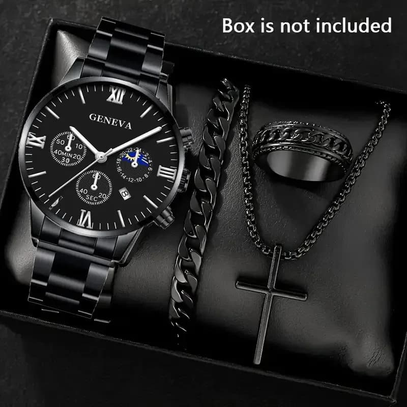 Fashion Roman Scale Quartz Wristwatch 4pcs Set Men Business Watch Fake Three Eyes Calendar Cross Necklace Bracelet Ring Set