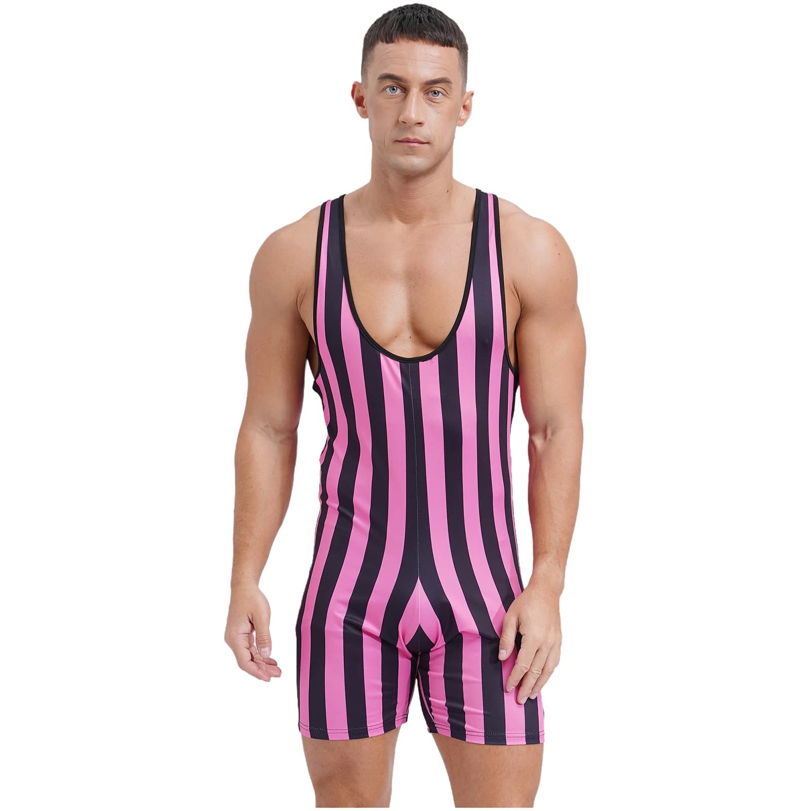 Mens Swimsuit Striped Wrestling Singlet Bodysuit Sleeveless Slim Fit Boxer Shorts Rompers Sports Fitness Bodybuilding Shapewear