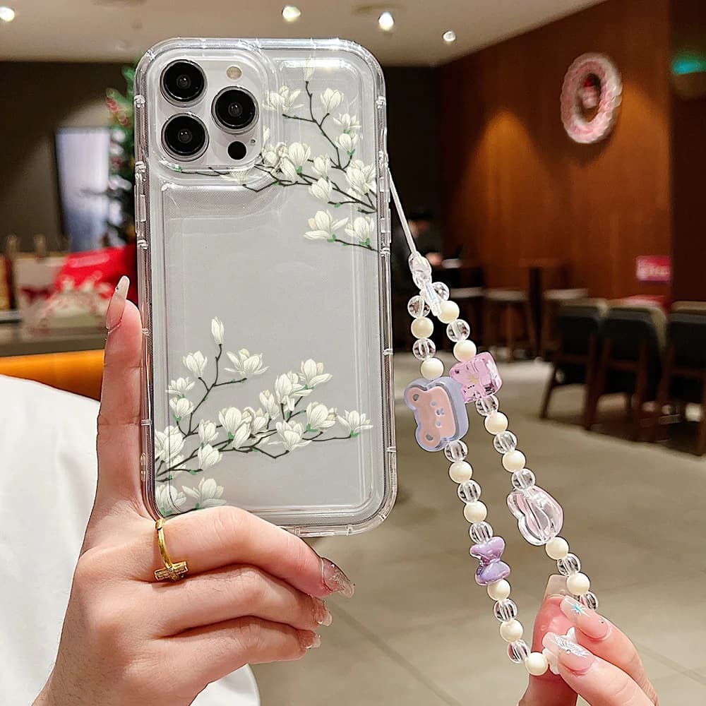 3D Flower Pearl Chain Phone Case For iPhone 11 12 13 14 15 Pro Max XR X XS SE 2022 2020 7 8 15 Plus Case With Lanyard Soft Cover