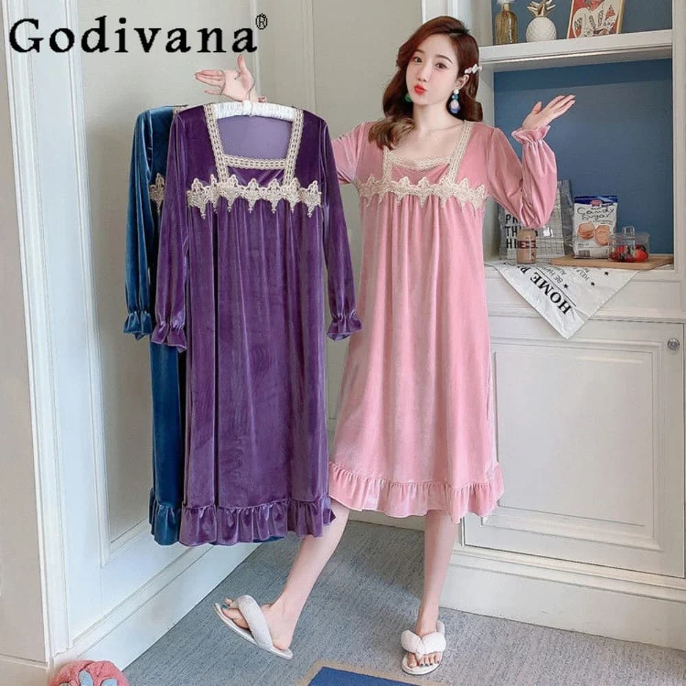 French Retro Court Style Nightdress Women's Autumn Winter Sexy Lace Sweet Pajamas Casual Sleepwear