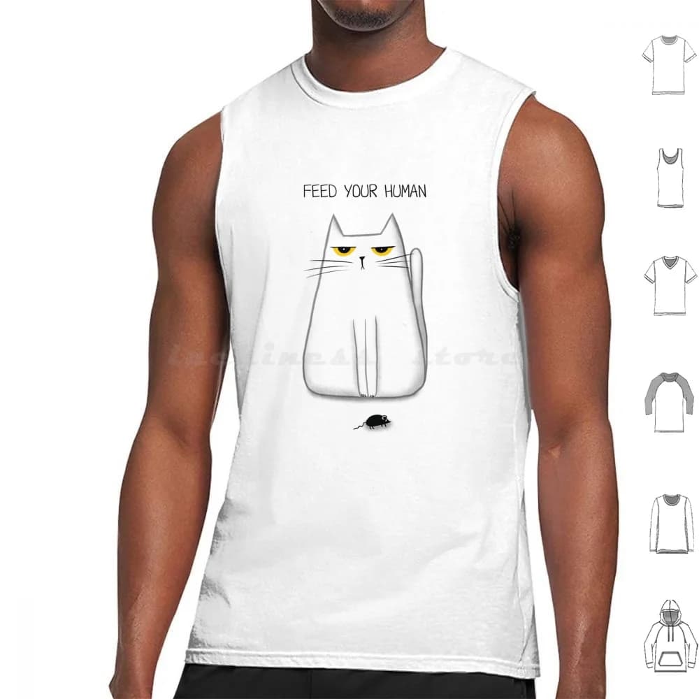 Cute Hand Drawn Cat Tank Tops Print Cotton Cat Black White Funny Meme Character Flat Kitty Cartoon Kitten Animal Icon Cute