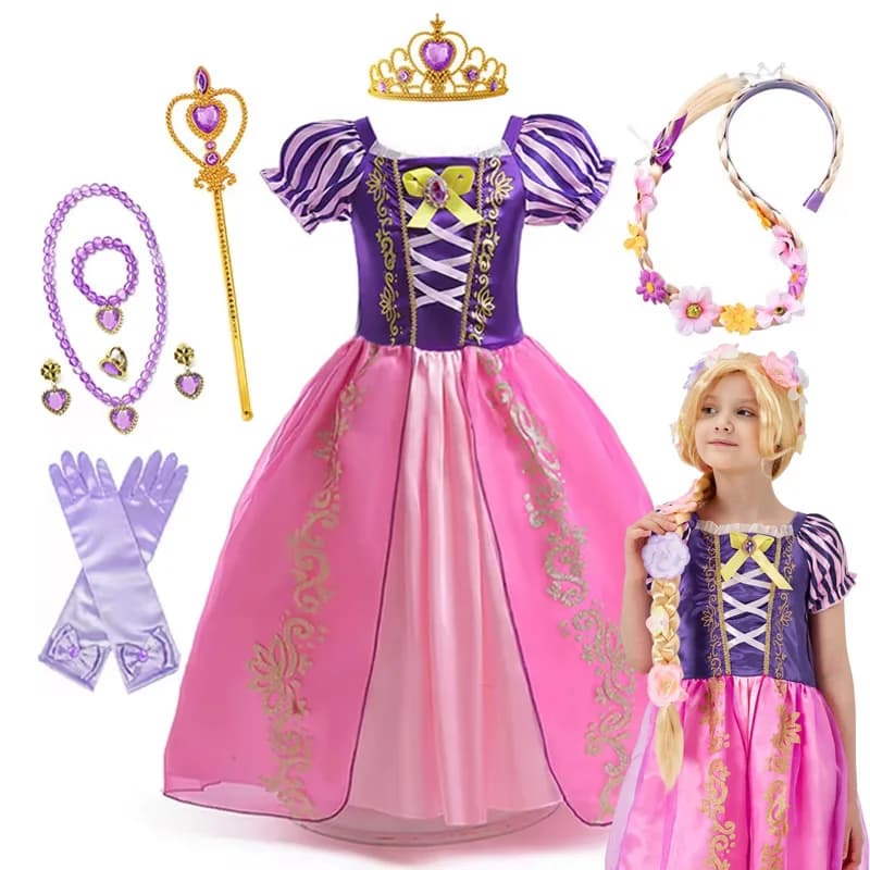 Rapunzel Princess Dress Girl Purple Puff Sleeve Cosplay Tangled Costume Halloween Vestido Kids Birthday Ball Gown Clothes