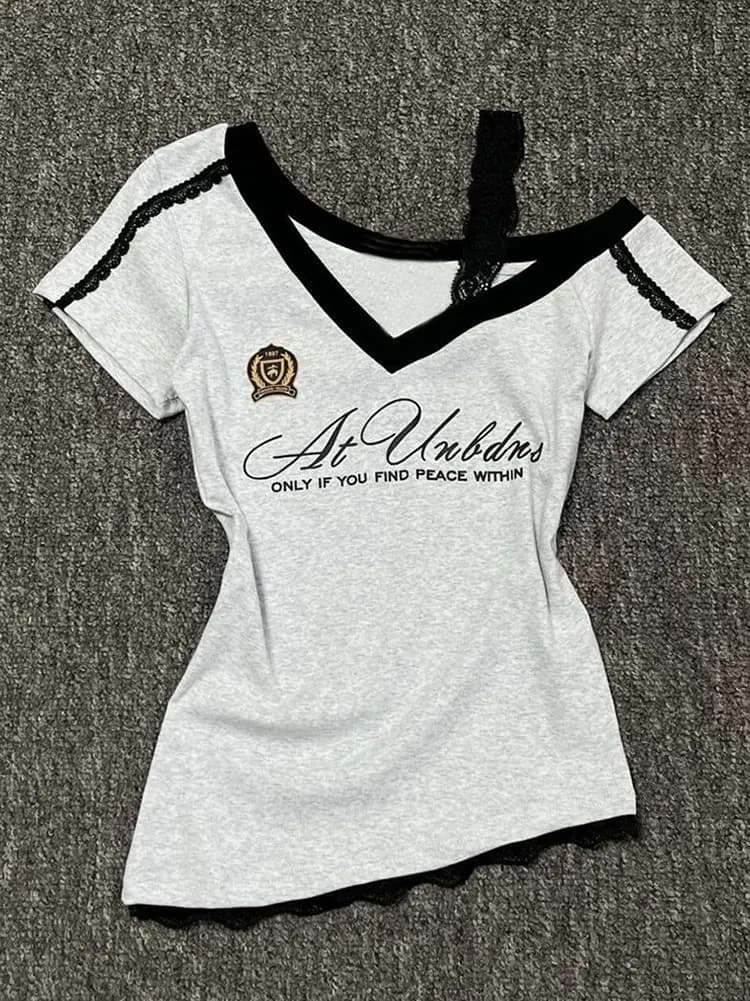 White-Gray Lace Sport Sexy Summer Off shoulder Top Women Y2k V neck Short sleeve T shirt Fashion Korean Lady Basic Tees 2025 New