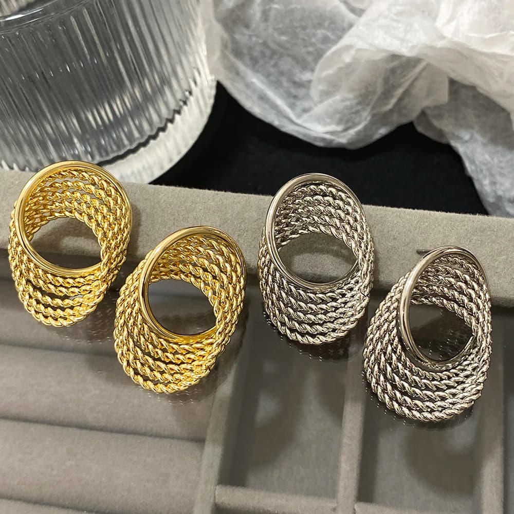 AENSOA Punk Metal Layered Twist Big Geometric Stud Earring Unique Gold Silver Color Statement Earring Women 2024 Fashion Jewelry