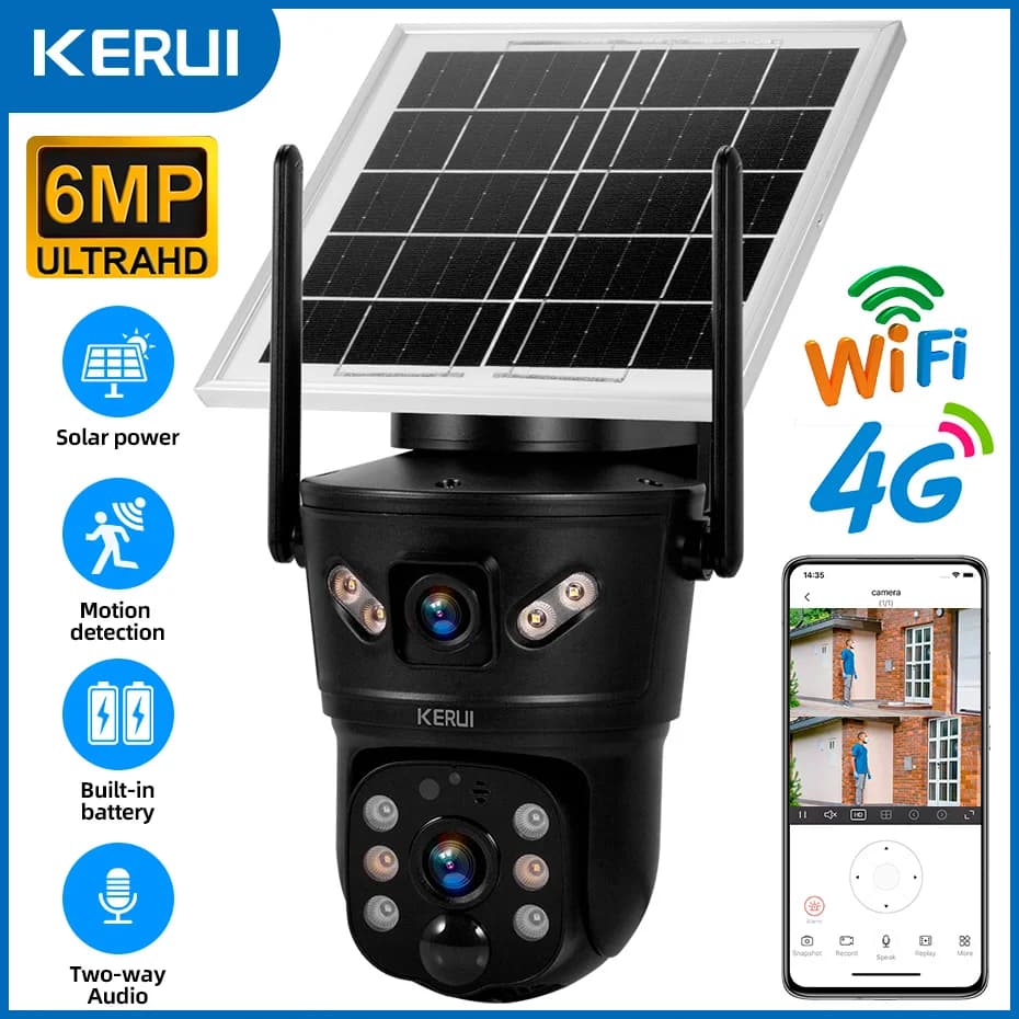 KERUI Outdoor Waterproof 6MP 4G SIM WIFI Solar Camera Dual Lens Camera Solar Panel Home Security CCTV Video Surveillance V380pro