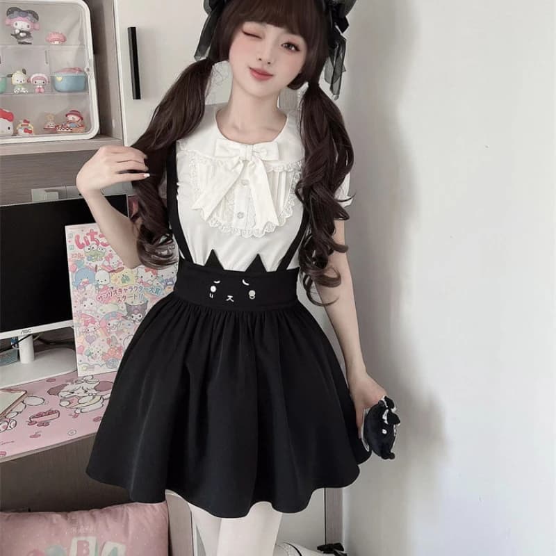 Sweet Lolita Style Skirt Set Women Kawaii Peter Pan Collar Bow T-shirt Cat Print Strap Mini Skirts Female Gothic Y2k Lolita Suit