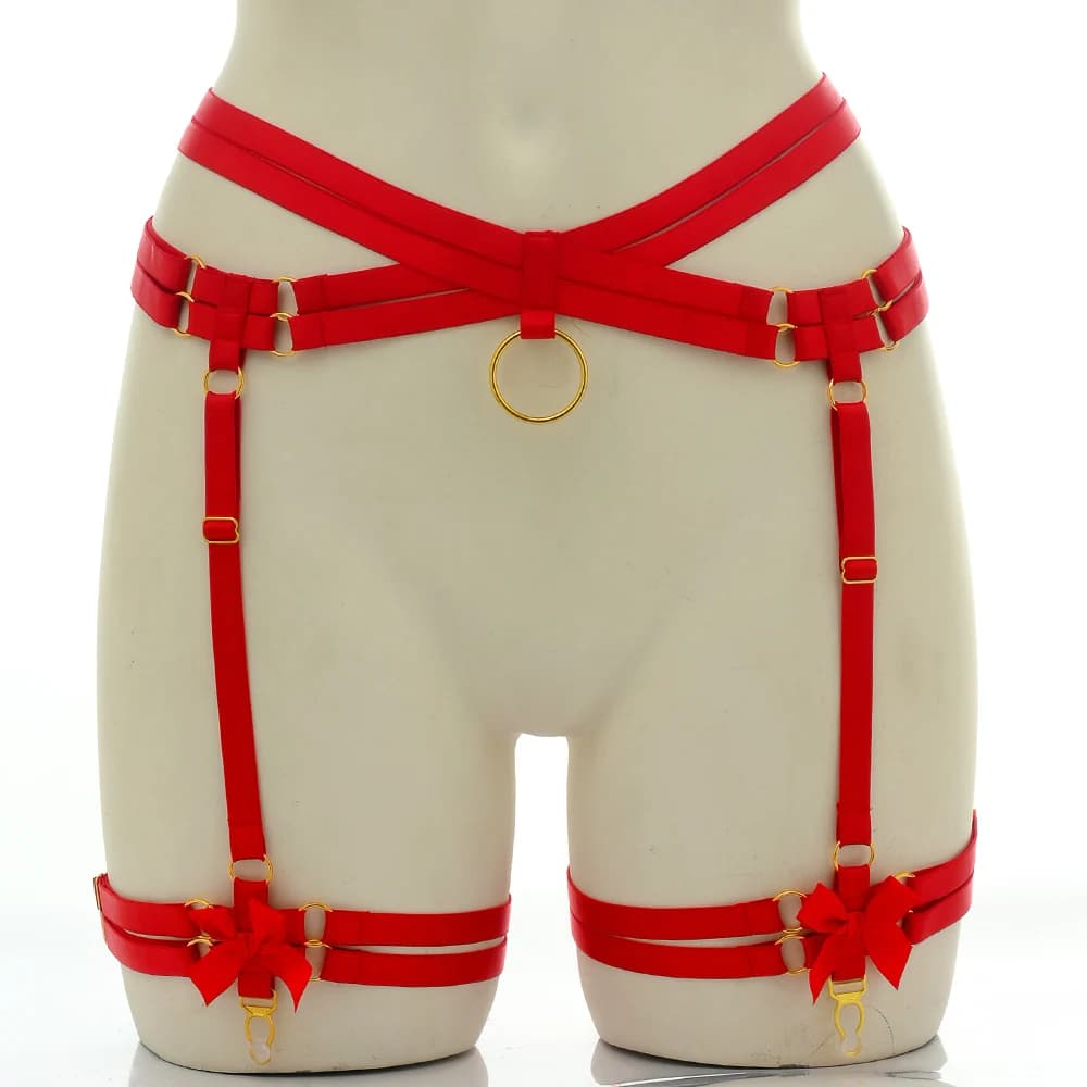 Red Adjustable Harness High Waist Garter Belt Bow Pole Dance Body Cage Harajuku Halloween Bondage Wedding Bride Stocking Garter