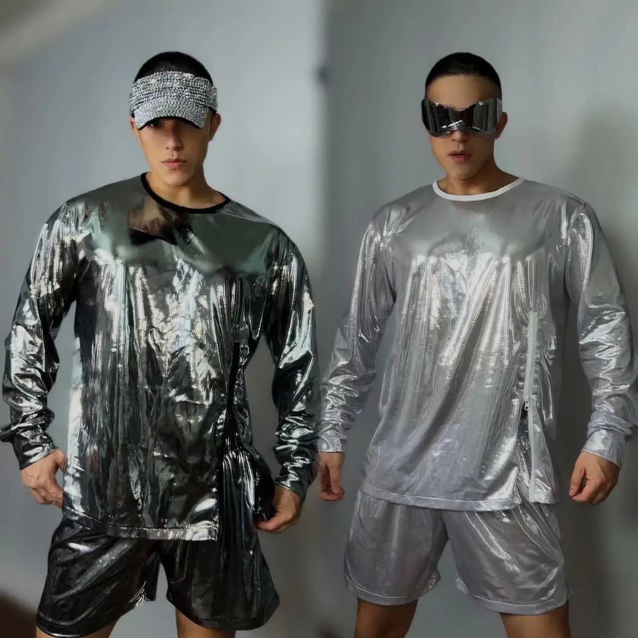 Men's Grey Silver Future Hoodies set Party Stage Performance Clothing Nightclub Bar Male DJ Singer GOGO Dance Costumes