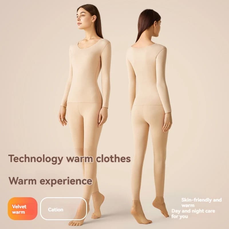 Winter Underwear Set With Seamless Brushed Round Neck Slim Fit Clothes, Autumn Pants Women's Basic Warm Warm Set