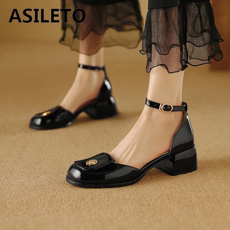 ASILETO 2024 New Closed Toe Round Women Sandals Flower 5cm Thick Low Heel Ankle Strap Big Size 47 48 Dress Dress Black White