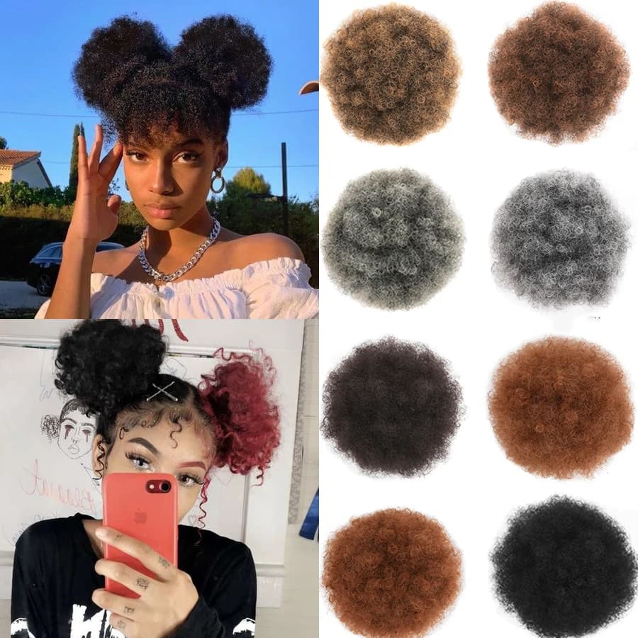 Leeons Afro Synthetic Kinky Hair Bun 8Inch Afro Buns Kinky Drawstring Ponytail Elastic Updo Ponytail Extensions For Afro Women