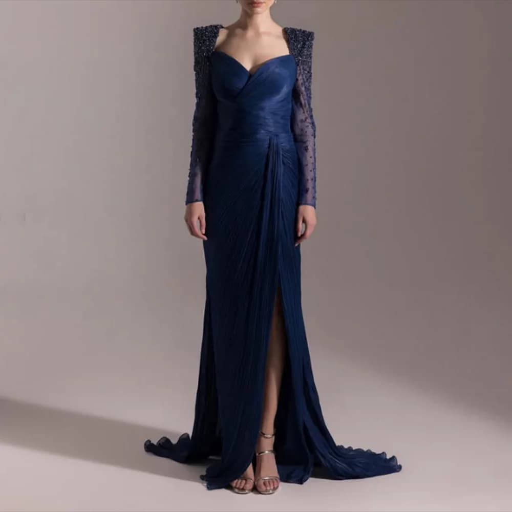 Customized Sweetheart Prom Gown Backless Full Sleeve Sequined Beading Pleat mermaid Evening Dresses Side Slit Draped Long Dress